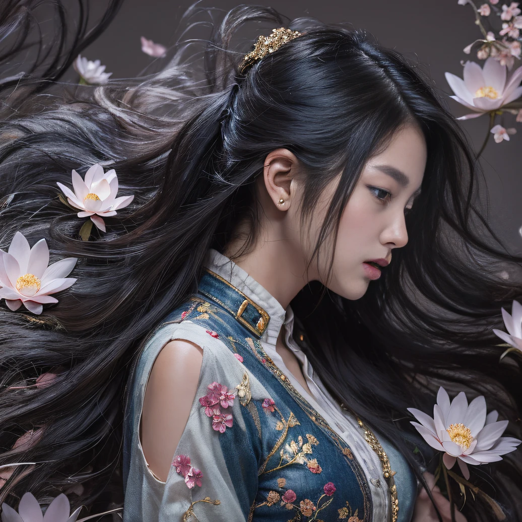 32K(tmasterpiece,k hd,hyper HD,32K)Long flowing black hair,ponds,zydink, a color, Aozhou people (Concubine girl), (Purple silk scarf), Combat posture, looking at the ground, long whitr hair, Floating hair, Carp pattern headdress, Chinese long-sleeved clothing, (Abstract gouache splash:1.2), Pink petal background,Pink and white lotus flowers fly(realisticlying:1.4),Black color hair,Fallen leaves flutter,The background is pure, A high resolution, the detail, RAW photogr, Sharp Re, Nikon D850 Film Stock Photo by Jefferies Lee 4 Kodak Portra 400 Camera F1.6 shots, Rich colors, ultra-realistic vivid textures, Dramatic lighting, Unreal Engine Art Station Trend, cinestir 800,Long flowing black hair,Denim skirt