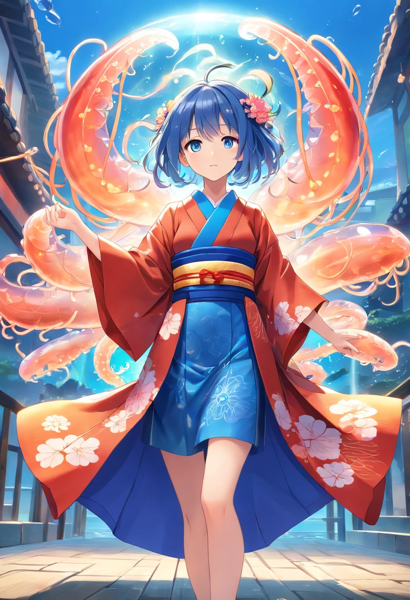 ((Kimono girl)), ((Best quality)), ((Masterpiece)), ((Realistic)), full bodyesbian,Wear clogs,There are tattoos on the legs, Anime girl with long gray hair, ((Blue eyes)), Female face, Royal Halo, trends in art station , Sharp focus, studio photo, intricately details, Very detailed, clean and meticulous anime art,A detailed eye, illustration, Very detailed, Sharp focus, A digital rendering, professional, 4K,((Jellyfish monsters in Greek mythology))