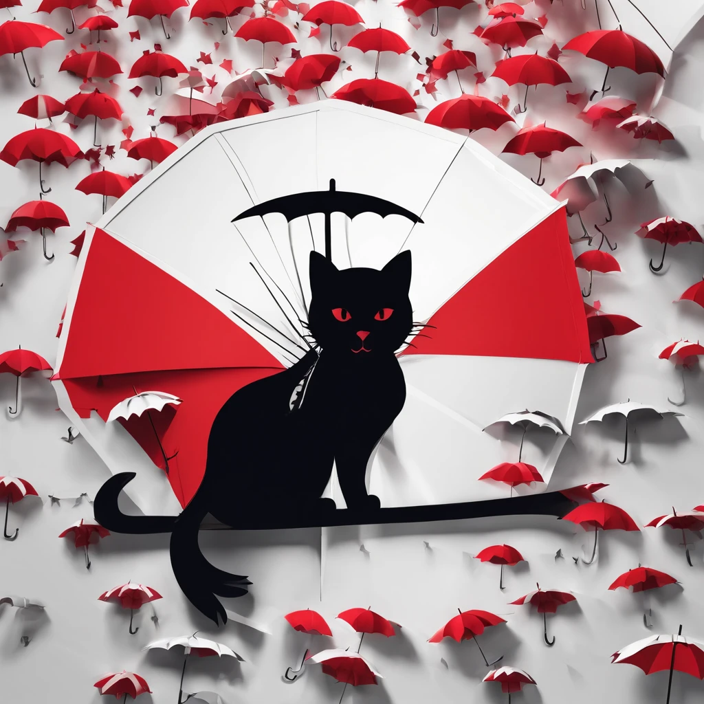 Best Quality 4k Black Cat Silhouette Red Umbrella White Background Backlit Simple