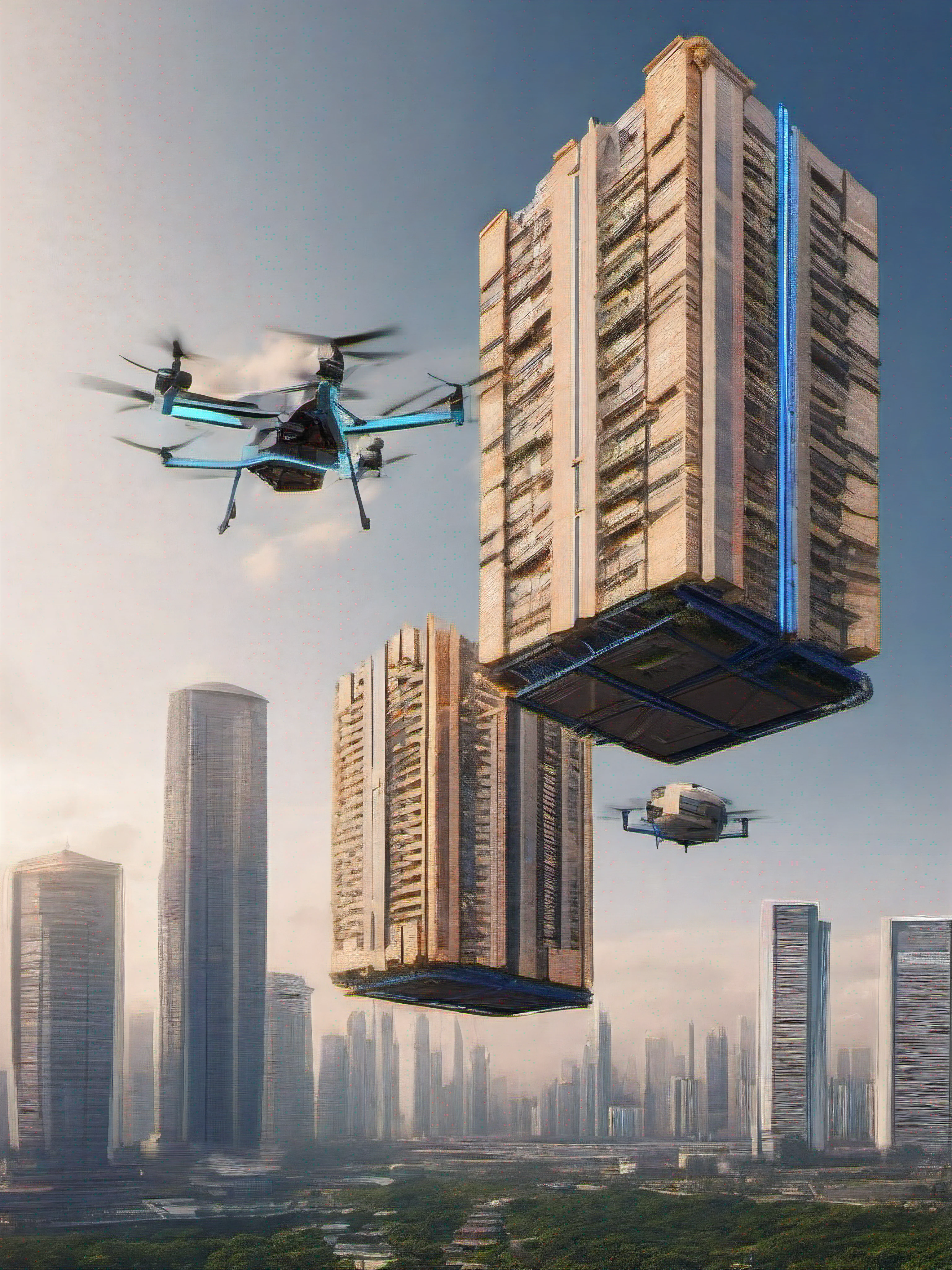 Parcel delivery drones, Floating above the city of Bangkok, There are 4 16-storey twin towers., In the style of blue and light beige., Magewev, Meticulous technique, colorfully, arrange, Babycore, Also bold., lissome, Threaded group, --rhythm