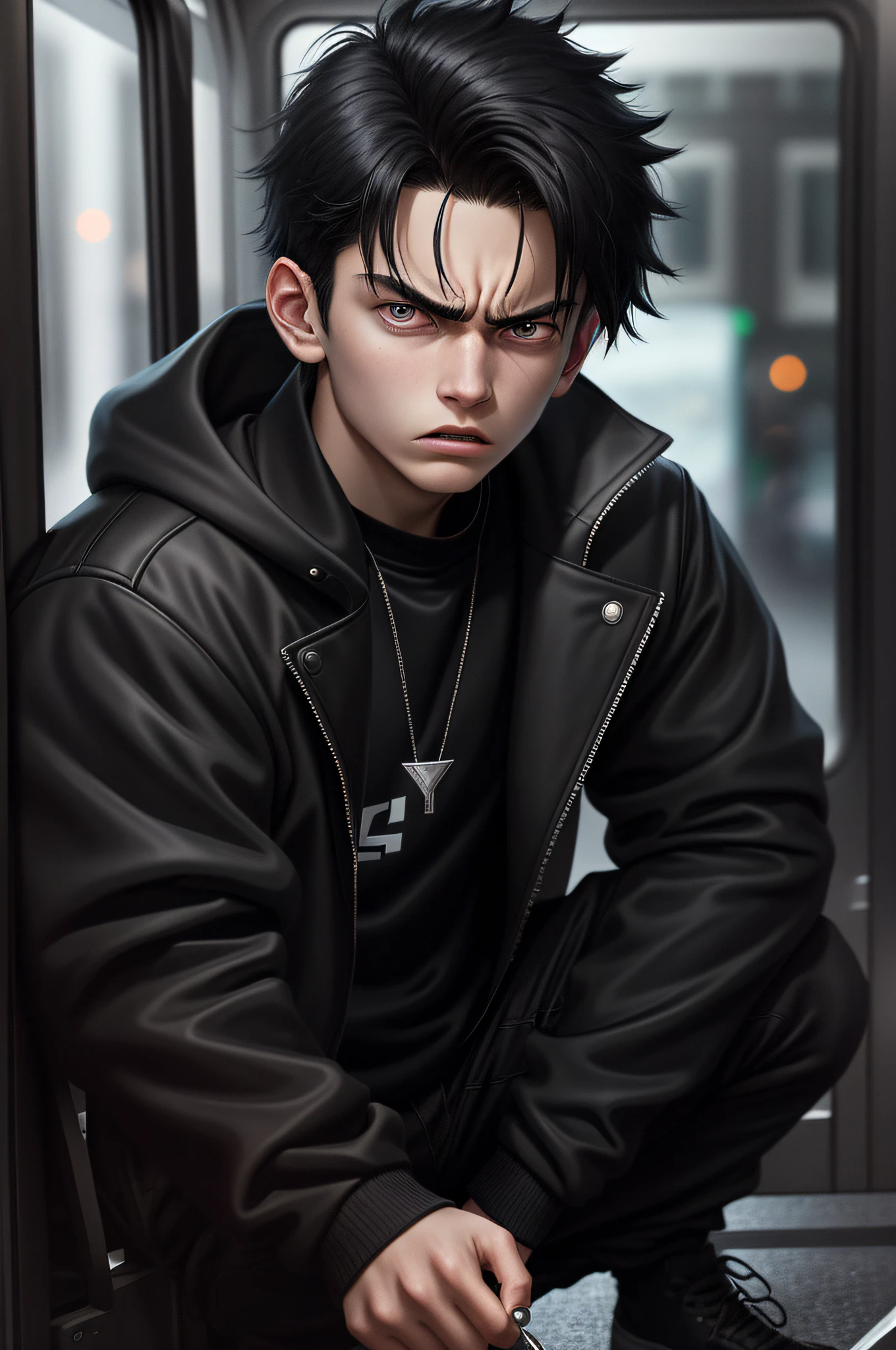 (young boy)  tennage 17 years old, crouching holding a piece of glass, black clothes, black jacket, angry face, high detailed, photorealistic, masterpiece, black hair, Bus background,night,