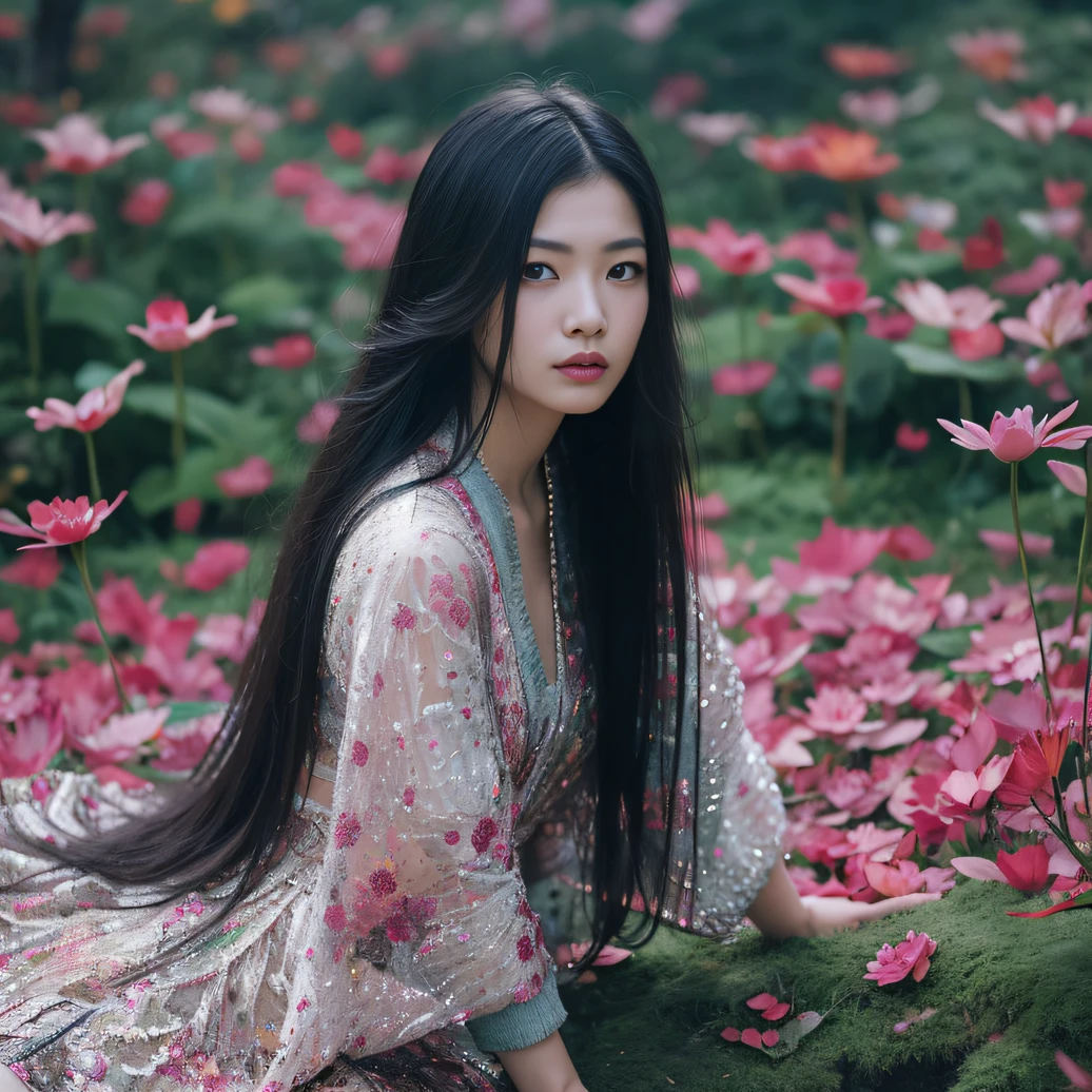 32K（tmasterpiece，k hd，hyper HD，32K）Long flowing black hair，ponds，zydink， a color， Aozhou people （Concubine girl）， （Purple silk scarf）， Combat posture， looking at the ground， long whitr hair， Floating hair， Carp pattern headdress， Chinese long-sleeved clothing， （Abstract gouache splash：1.2）， Pink petal background，Pink and white lotus flowers fly（realisticlying：1.4），Black color hair，Fallen leaves flutter，The background is pure， A high resolution， the detail， RAW photogr， Sharp Re， Nikon D850 Film Stock Photo by Jefferies Lee 4 Kodak Portra 400 Camera F1.6 shots, Rich colors, ultra-realistic vivid textures, Dramatic lighting, Unreal Engine Art Station Trend, cinestir 800，Long flowing black hair，Denim skirt