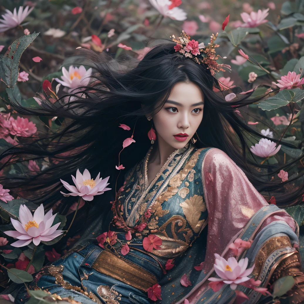 32K（tmasterpiece，k hd，hyper HD，32K）Long flowing black hair，ponds，zydink， a color， Aozhou people （Concubine girl）， （Purple silk scarf）， Combat posture， looking at the ground， long whitr hair， Floating hair， Carp pattern headdress， Chinese long-sleeved clothing， （Abstract gouache splash：1.2）， Pink petal background，Pink and white lotus flowers fly（realisticlying：1.4），Black color hair，Fallen leaves flutter，The background is pure， A high resolution， the detail， RAW photogr， Sharp Re， Nikon D850 Film Stock Photo by Jefferies Lee 4 Kodak Portra 400 Camera F1.6 shots, Rich colors, ultra-realistic vivid textures, Dramatic lighting, Unreal Engine Art Station Trend, cinestir 800，Long flowing black hair，Denim skirt