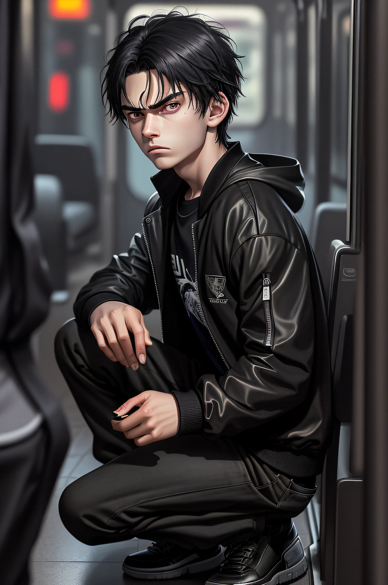 (young boy) tennage 17 years old, crouching holding a piece of glass, black clothes, black jacket, angry face, high detailed, photorealistic, masterpiece, black hair, Bus background,night,