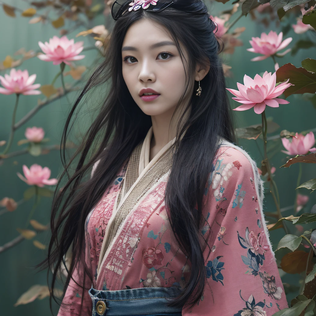 32K（tmasterpiece，k hd，hyper HD，32K）Long flowing black hair，ponds，zydink， a color， Aozhou people （Concubine girl）， （Purple silk scarf）， Combat posture， looking at the ground， long whitr hair， Floating hair， Carp pattern headdress， Chinese long-sleeved clothing， （Abstract gouache splash：1.2）， Pink petal background，Pink and white lotus flowers fly（realisticlying：1.4），Black color hair，Fallen leaves flutter，The background is pure， A high resolution， the detail， RAW photogr， Sharp Re， Nikon D850 Film Stock Photo by Jefferies Lee 4 Kodak Portra 400 Camera F1.6 shots, Rich colors, ultra-realistic vivid textures, Dramatic lighting, Unreal Engine Art Station Trend, cinestir 800，Long flowing black hair，Denim skirt