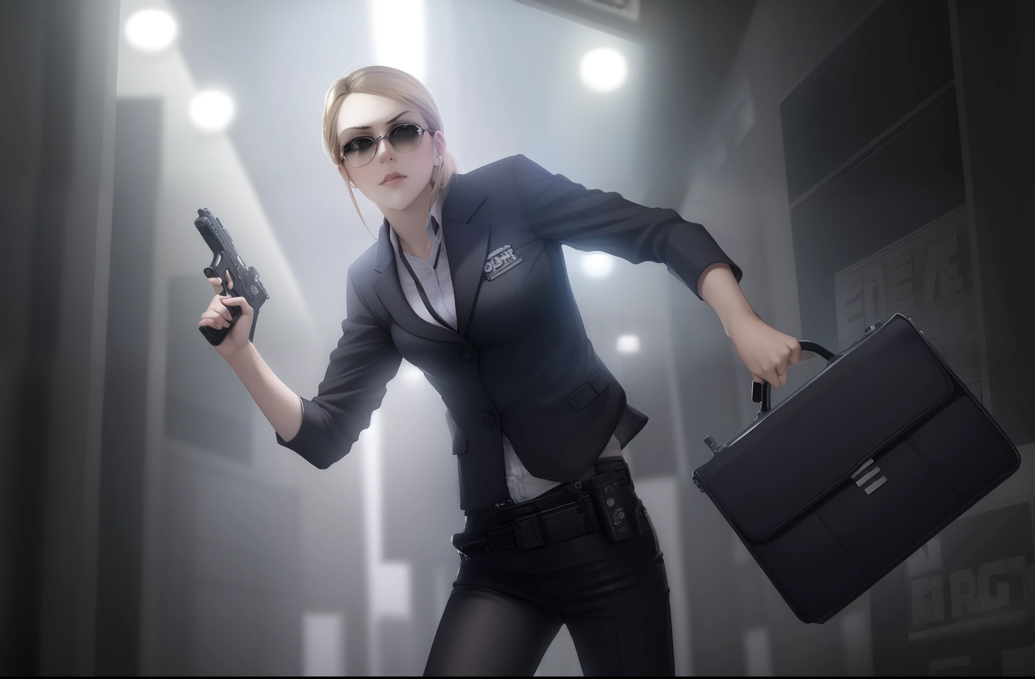 woman in business suit holding a gun and briefcase, carrying a gun, carrying guns, female secret agent, sunglasses, dramatic wielding gun pose, brandishing a gun, woman, holding a gun, holding gun, with pistol, menacing!!!, she, headshot, holding handgun, female investigator, holding arms on holsters, city street backdrop, neon lighting, danger atmosphere