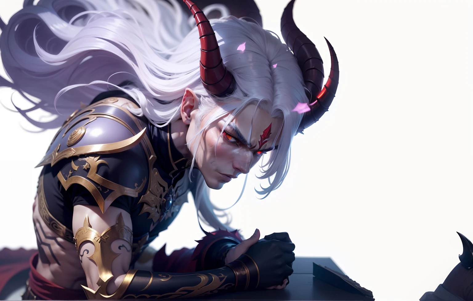 A close-up of a male character with horned head and horns, Suitable for white-haired banshees,Corner of magma material,Heavy beast head and shoulder blades,Magma-eyed animal head and shoulder blades,Bracers, human male demon, djinn man male demon, demon male, male djinn man demon hybrid, demon soul concept art, portrait demon half human, man male demon, demon noble character design, Demon Lord, the former demon king,China-style,White-haired god, painted in the style arcane, Male characters,Delicate belt,China-style,Chinese-style clothing,Refinement,Fine painting,Refinement,infinite details,high definition detail,Patterned,Animal tattoos,Blank background,Bright colors,Metal edging