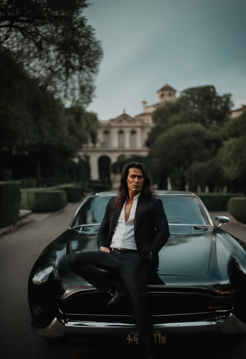 corps entier, wide-angle photo close-up portrait of the body of a Filipino handsome man , Grand et en forme, (40 ans:1.1), (shaven:1.2) , (long hair:1.5), black tight velvet suit, white shirt (posing outside the mansion with a luxury car:1.1), crowded street with cafes in the distance, Cold and dark sunset at dusk, (Edge Light:1.1), (Concentrez-vous sur les yeux), (angry look), (hard light on the skin:1.2), (ombres dures, dark themed, Contraste profond:1.1), (photographie de portrait par Annie Liebovitz), Dark mint theme and choral aesthetics, (skin imperfections)
