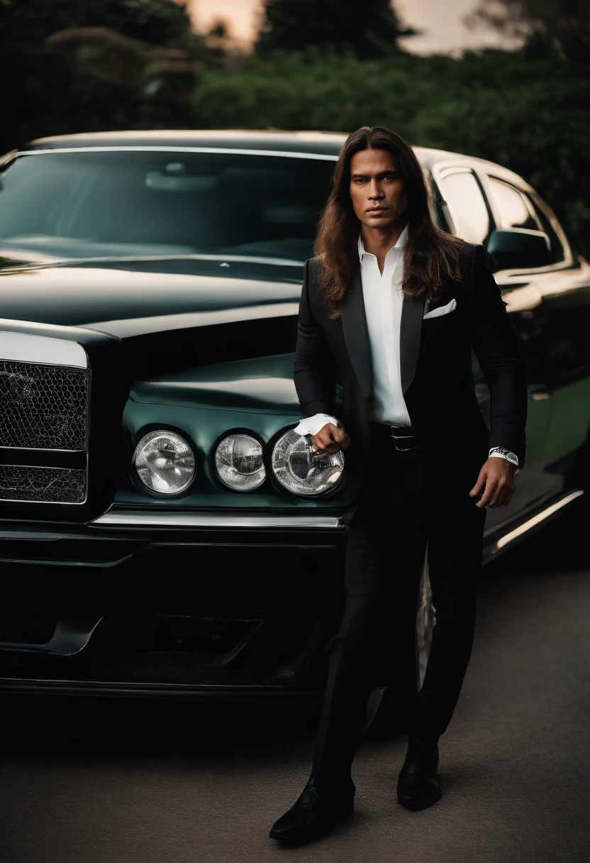 corps entier, wide-angle photo close-up portrait of the body of a Filipino handsome man , Grand et en forme, (40 ans:1.1), (shaven:1.2) , (long hair:1.5), black tight velvet suit, white shirt (posing outside the mansion with a luxury car:1.1), crowded street with cafes in the distance, Cold and dark sunset at dusk, (Edge Light:1.1), (Concentrez-vous sur les yeux), (angry look), (hard light on the skin:1.2), (ombres dures, dark themed, Contraste profond:1.1), (photographie de portrait par Annie Liebovitz), Dark mint theme and choral aesthetics, (skin imperfections)