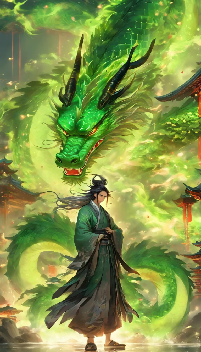 China-style，中景 the scene is，The Taoist priest stood in front of the huge green dragon，Stretch your hands，Long messy hair，Glow effects，Hyper-realistic，Ultra photo realsisim，Chinese black and white ink style，Silver，Decolorization，Smudge，ink，8K，super-fine，high qulity，OC renderer