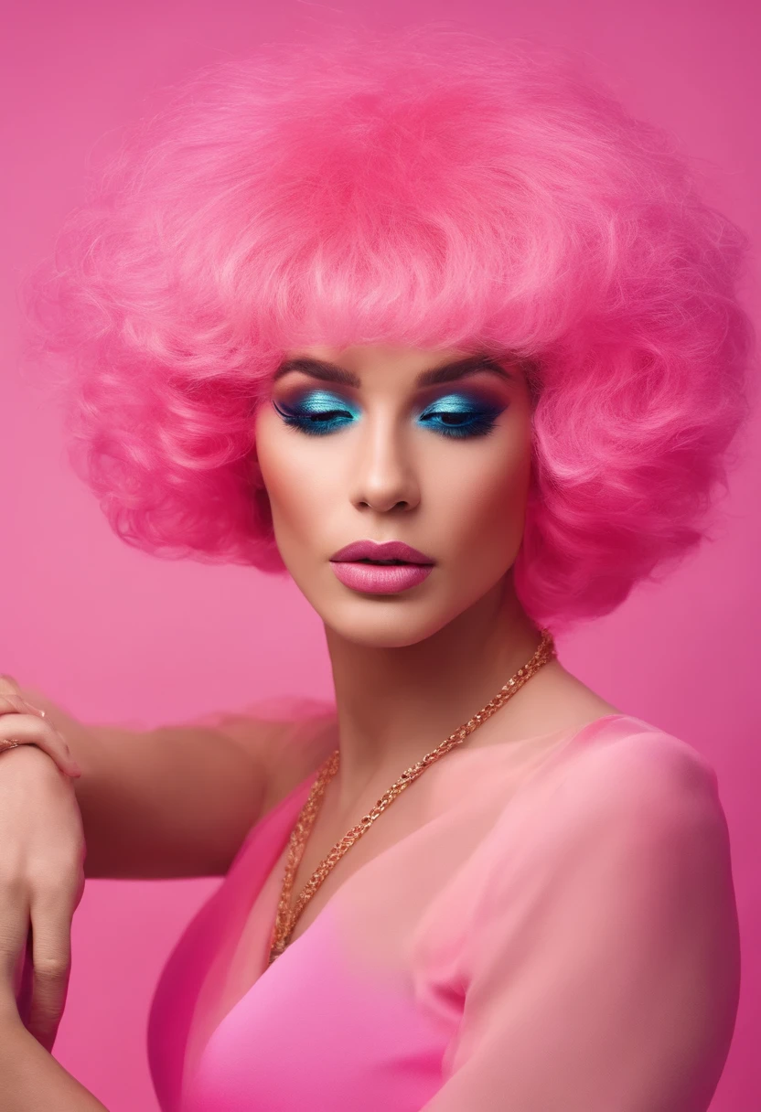 a man wearing makeup wearing a pink bodysuit and wearing a wig on a blue background
