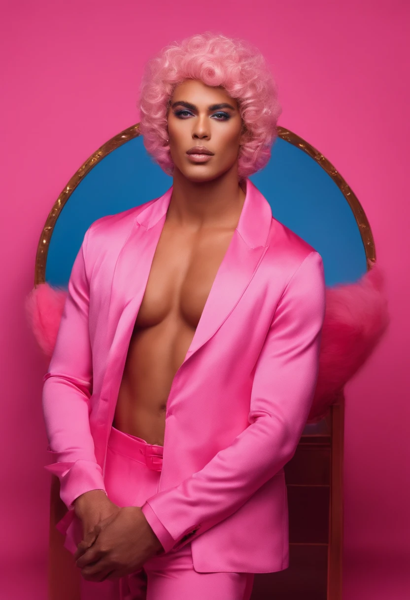 a man wearing makeup wearing a pink bodysuit and wearing a wig on a blue background