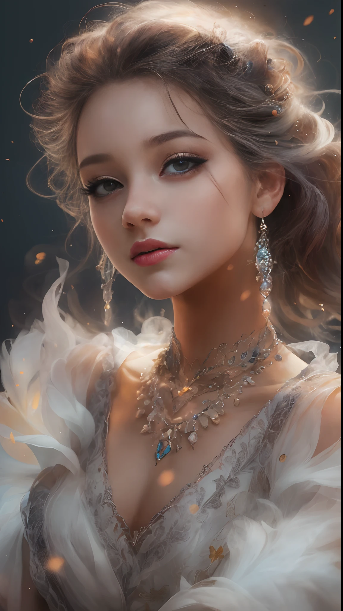 (Best quality, 4K, 8K, A high resolution, Masterpiece:1.2), Ultra-detailed, Realistic portrait, Detailed expression, Graceful posture, Dreamy atmosphere, Dark-toned background, expressive brush strokes, mystical ambiance, Artistic interpretation,Beautiful coiled hair，Exquisite jewelry， Amazing little fresh style clothing, a whimsical illustration, Subtle colors and tones, mystical aura,The details have been upgraded