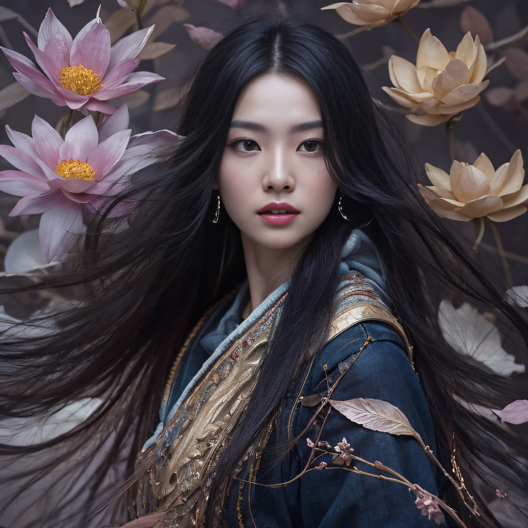 32K(tmasterpiece,k hd,hyper HD,32K)Long flowing black hair,ponds,zydink, a color, Aozhou people (Concubine girl), (Purple silk scarf), Combat posture, looking at the ground, long whitr hair, Floating hair, Carp pattern headdress, Chinese long-sleeved clothing, (Abstract gouache splash:1.2), Pink petal background,Pink and white lotus flowers fly(realisticlying:1.4),Black color hair,Fallen leaves flutter,The background is pure, A high resolution, the detail, RAW photogr, Sharp Re, Nikon D850 Film Stock Photo by Jefferies Lee 4 Kodak Portra 400 Camera F1.6 shots, Rich colors, ultra-realistic vivid textures, Dramatic lighting, Unreal Engine Art Station Trend, cinestir 800,Long flowing black hair,Denim skirt
