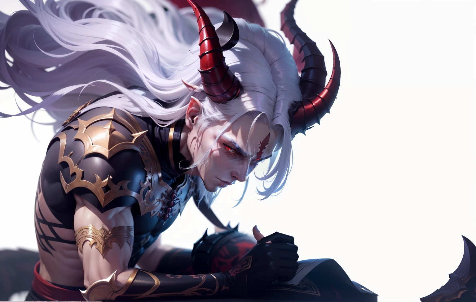 A close-up of a male character with horned head and horns, Suitable for white-haired banshees,Corner of magma material,Heavy beast head and shoulder blades,Magma-eyed animal head and shoulder blades,Bracers, human male demon, djinn man male demon, demon male, male djinn man demon hybrid, demon soul concept art, portrait demon half human, man male demon, demon noble character design, Demon Lord, the former demon king,China-style,White-haired god, painted in the style arcane, Male characters,Delicate belt,China-style,Chinese-style clothing,Refinement,Fine painting,Refinement,infinite details,high definition detail,Patterned,Animal tattoos,Blank background,Bright colors,Metal edging
