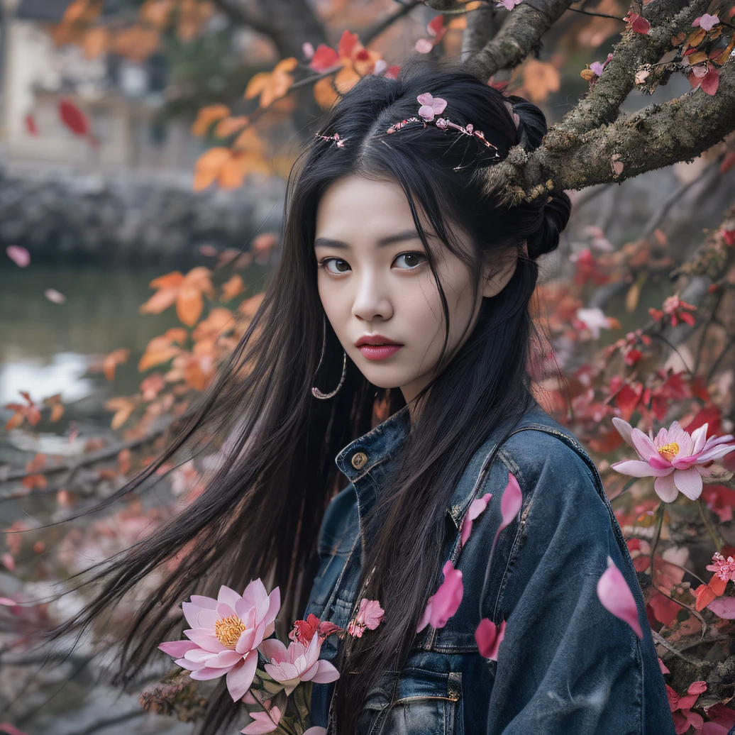 32K（tmasterpiece，k hd，hyper HD，32K）Long flowing black hair，ponds，zydink， a color， Aozhou people （Concubine girl）， （Purple silk scarf）， Combat posture， looking at the ground， long whitr hair， Floating hair， Carp pattern headdress， Chinese long-sleeved clothing， （Abstract gouache splash：1.2）， Pink petal background，Pink and white lotus flowers fly（realisticlying：1.4），Black color hair，Fallen leaves flutter，The background is pure， A high resolution， the detail， RAW photogr， Sharp Re， Nikon D850 Film Stock Photo by Jefferies Lee 4 Kodak Portra 400 Camera F1.6 shots, Rich colors, ultra-realistic vivid textures, Dramatic lighting, Unreal Engine Art Station Trend, cinestir 800，Long flowing black hair，Denim skirt