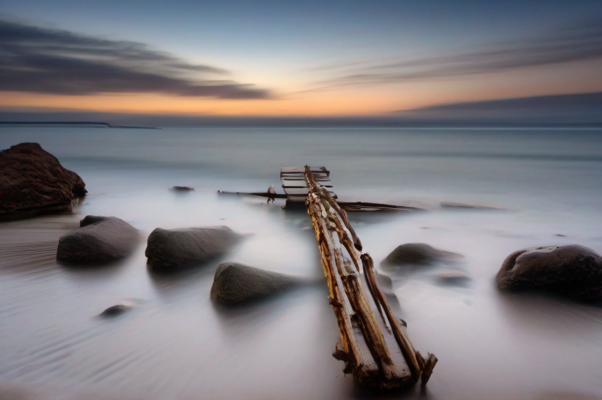 A bridge to nowhere. A wooden pier on a desolete beach. Beach itself has somewhat irregular banks with small rocks and pebbles and dried old driftwood scattered around. Small rocks peaking out of the calm sea, with a faint hint of mist around. Long exposure has made the surface of the sea milky and smooth looking like steam rise above from it. The bridge itself is ominous looking, with a lone human being sitting with his back to the camera at the far end, an atmosphere of a catastrophe about to unfold. Taken with a ultra wide angle lens, on Nikon D3 camera, natural directional lighting. Minimalistic. surrealistic, Ultra HD 32K --AR 16:9, -- chaos 1, --v 5., --s1, -q1