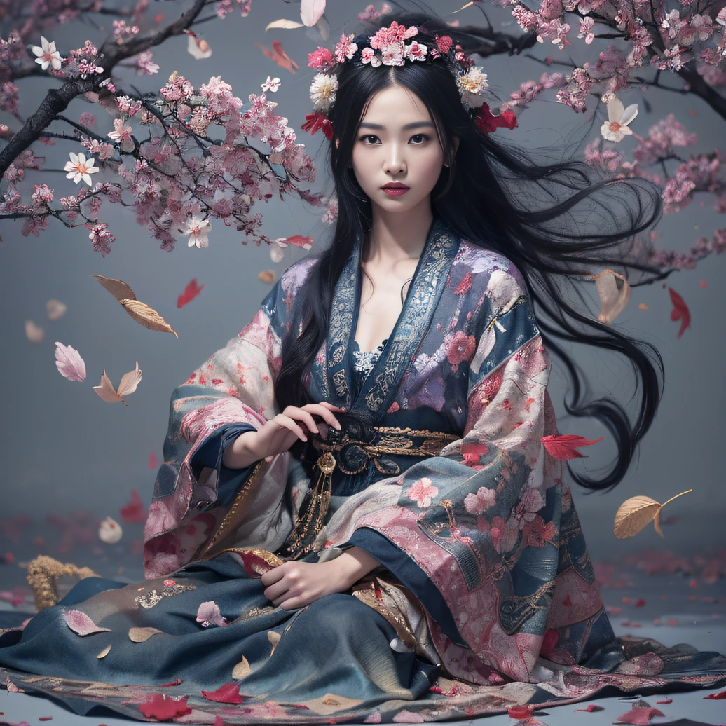 32K(tmasterpiece,k hd,hyper HD,32K)Long flowing black hair,ponds,zydink, a color, Aozhou people (Concubine girl), (Purple silk scarf), Combat posture, looking at the ground, long whitr hair, Floating hair, Carp pattern headdress, Chinese long-sleeved clothing, (Abstract gouache splash:1.2), Pink petal background,Pink and white lotus flowers fly(realisticlying:1.4),Black color hair,Fallen leaves flutter,The background is pure, A high resolution, the detail, RAW photogr, Sharp Re, Nikon D850 Film Stock Photo by Jefferies Lee 4 Kodak Portra 400 Camera F1.6 shots, Rich colors, ultra-realistic vivid textures, Dramatic lighting, Unreal Engine Art Station Trend, cinestir 800,Long flowing black hair,Denim skirt