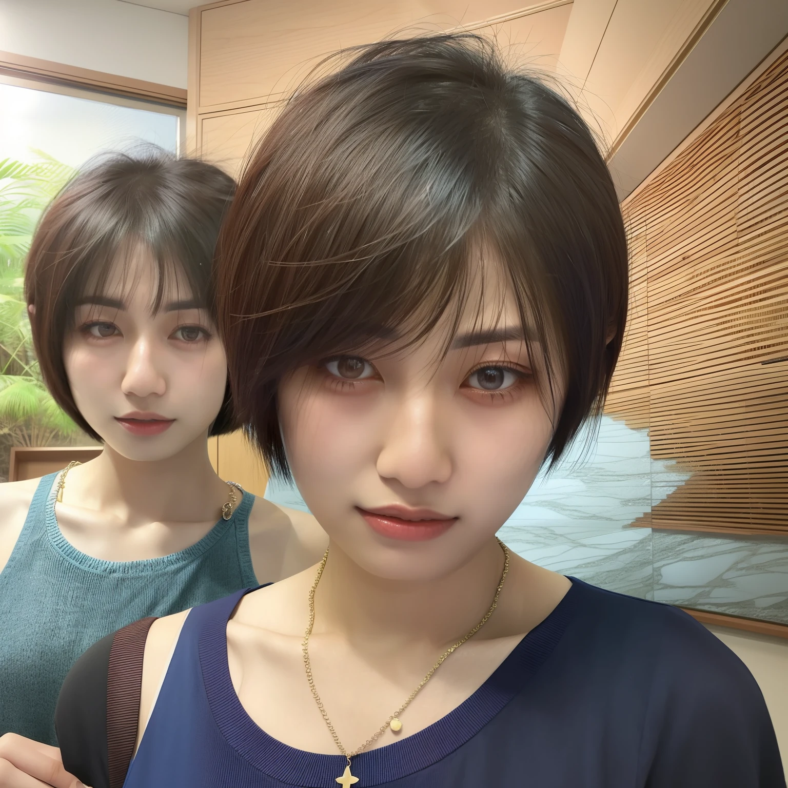 Arab asian woman with blue shirt and necklace, With short hair, Ayaka, with short hair with bangs, with a bob cut, chiho, Shiori Teshirogi, Ayami Kojima Amano, short brown hair with bangs, takada akemi, tsutomo nihie, style of yoshii chie, kiko mizuhara,Straight face