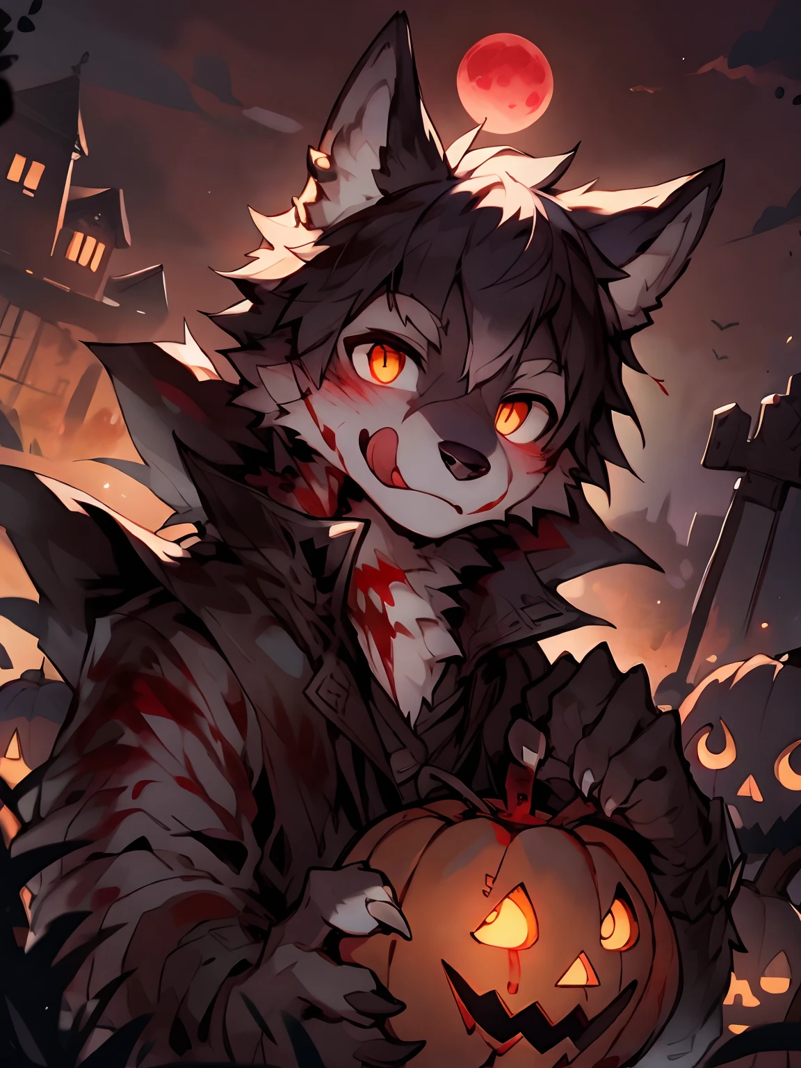 High school werewolf boy, smiling with fangs, orange glowing eyes, long curl single tied hair, pumpkin spirit, magic werewolf and warlock hybrid, midnight blue