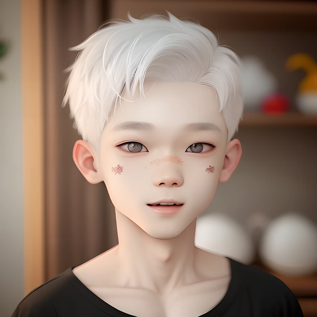 Um asiatico de 10 anos albino de olhos azuis nariz fino bora bem desenhada e olhos grandes garoto com pixie hair, cabelo preto, usando blusa branca, os olhos do garoto sao azuis, estilo 3d anine , kawai, com sardas nas bochechas, sinais nas bochechas, freakles on cheek, sorriso no rosto, esxressao alegre, dentes a amostra, alegria no olhar