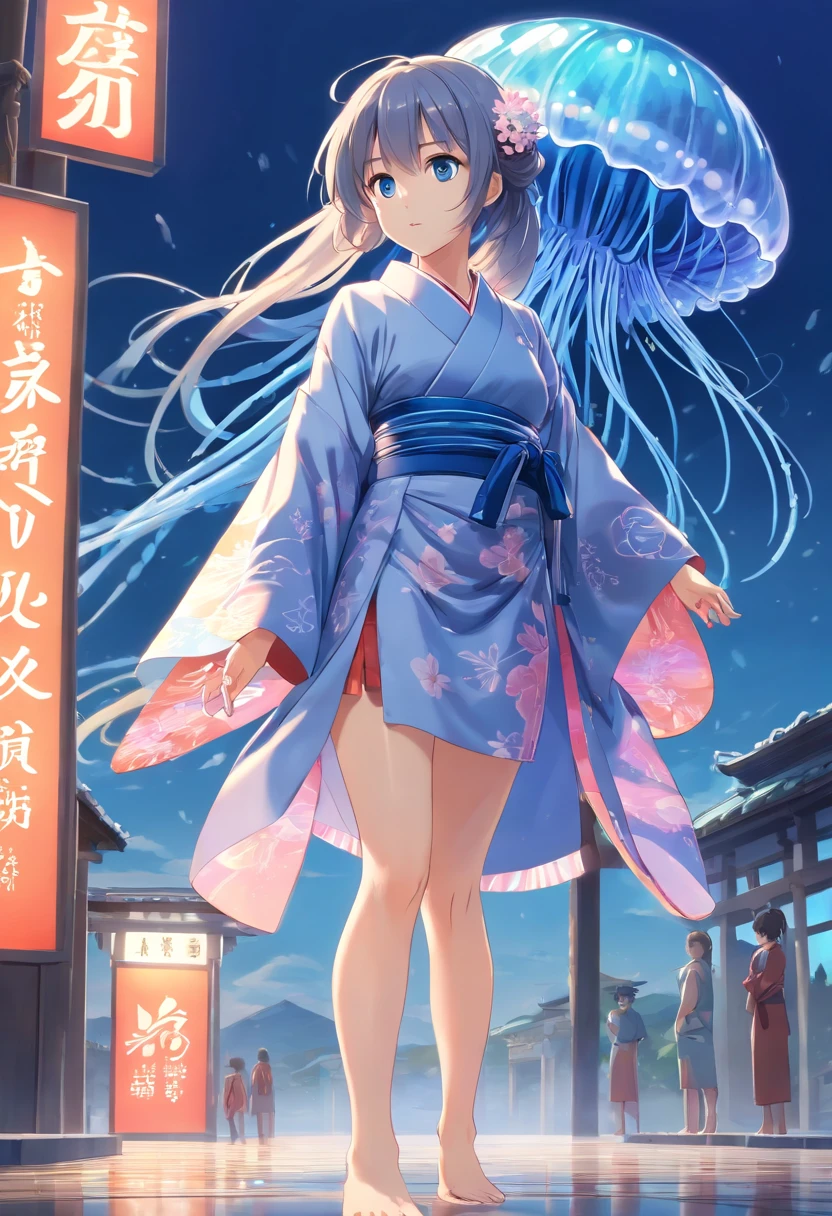 ((Kimono girl)), ((Best quality)), ((Masterpiece)), ((Realistic)), full bodyesbian,Clean feet,clean legs, Anime girl with long gray hair, ((Blue eyes)), Female face, Royal Halo, trends in art station , Sharp focus, studio photo, intricately details, Very detailed, clean and meticulous anime art,A detailed eye, illustration, Very detailed, Sharp focus, A digital rendering, professional, 4K,((Jellyfish monsters in Greek mythology))