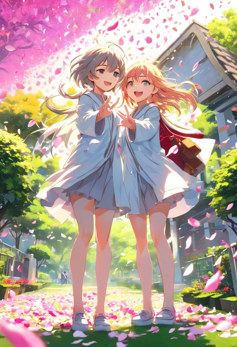 ((The garden is littered with many petals:1.5))，(Gusts of wind blew around the two girls，Raise one hand to the sky:1.6)，Magic beyond imagination，innocent smiles，Maiden of the Wind，(A tornado of huge petals around the girl:1.61)，Seven colors,(1girl in)，(Cute smile)，(Clothes are intricate magical robes，White base:1.4)，(Many particles of light swirl around the girl) ，(Best Impact:1.5)， (maximalism:1.7),Vivid contrast， (Realistic),，hyperrealistic illustrations,hight resolution,，ultra - detailed,absurderes，(Fractal Art:1.3)，Braided hairstyle，Gradient long hair，FULL BODYSHOT，Photograph the sky from your feet，Precise focus，randome pose，cinema4d