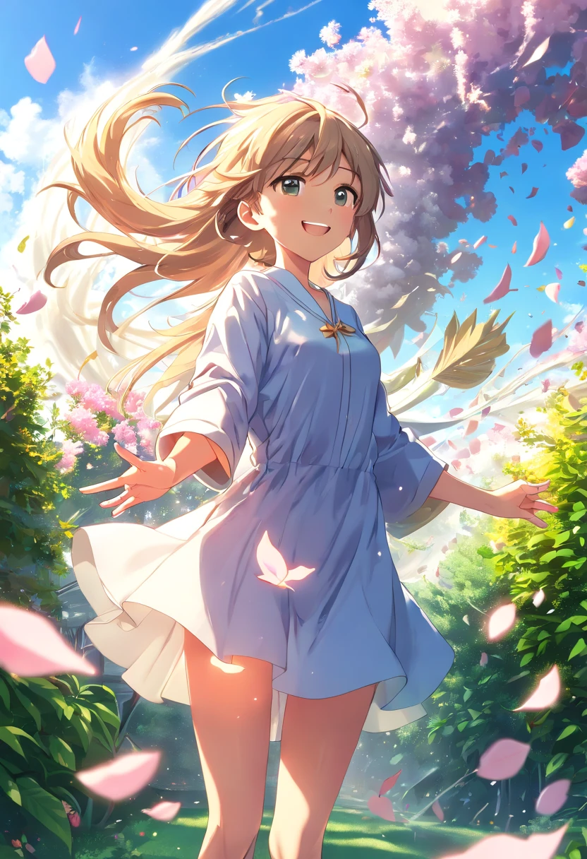 ((The garden is littered with many petals:1.5)),(Gusts of wind blew around the two girls,Raise one hand to the sky:1.6),Magic beyond imagination,innocent smiles,Maiden of the Wind,(A tornado of huge petals around the girl:1.61),Seven colors,(1girl in),(Cute smile),(Clothes are intricate magical robes,White base:1.4),(Many particles of light swirl around the girl) ,(Best Impact:1.5), (maximalism:1.7),Vivid contrast, (Realistic),,hyperrealistic illustrations,hight resolution,,ultra - detailed,absurderes,(Fractal Art:1.3),Braided hairstyle,Gradient long hair,FULL BODYSHOT,Photograph the sky from your feet,Precise focus,randome pose,cinema4d