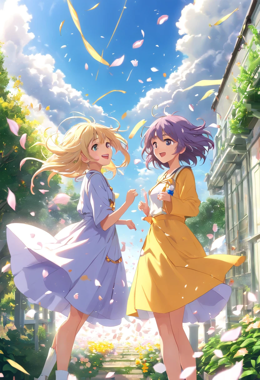 ((The garden is littered with many petals:1.5))，(Gusts of wind blew around the two girls，Raise one hand to the sky:1.6)，Magic beyond imagination，innocent smiles，Maiden of the Wind，(A tornado of huge petals around the girl:1.61)，Seven colors,(1girl in)，(Cute smile)，(Clothes are intricate magical robes，White base:1.4)，(Many particles of light swirl around the girl) ，(Best Impact:1.5)， (maximalism:1.7),Vivid contrast， (Realistic),，hyperrealistic illustrations,hight resolution,，ultra - detailed,absurderes，(Fractal Art:1.3)，Braided hairstyle，Gradient long hair，FULL BODYSHOT，Photograph the sky from your feet，Precise focus，randome pose，cinema4d