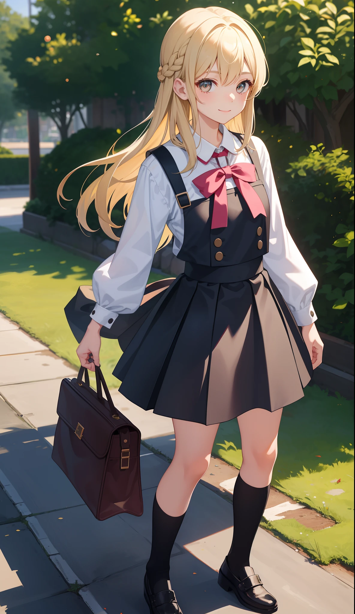 1girl in、AS-Adult、A smile、The shirt、skirt by the、(small tits)、doress、pinafore、hair adornments、(Maids)、Walking with a thigh、Upper body portrait、