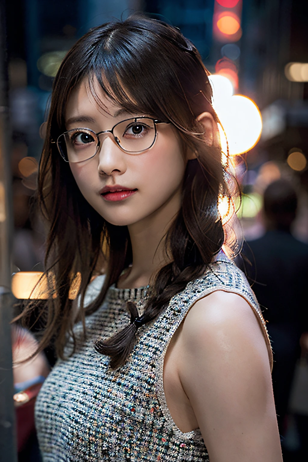 (8K、Raw photography、top-quality、masterpiece:1.2)、(realisitic、Photorealsitic:1.37)、ultra-detailliert、超A high resolution、女の子1人、see the beholder、beautifull detailed face、A smile、Constriction、(Slim waist) :1.3)、White summer clothes、Beautiful detailed skin、Skin Texture、Floating hair、Braided hair、Professional Lighting、Downtown at night、((Black square glasses )) 、Whole human body、Brown hair