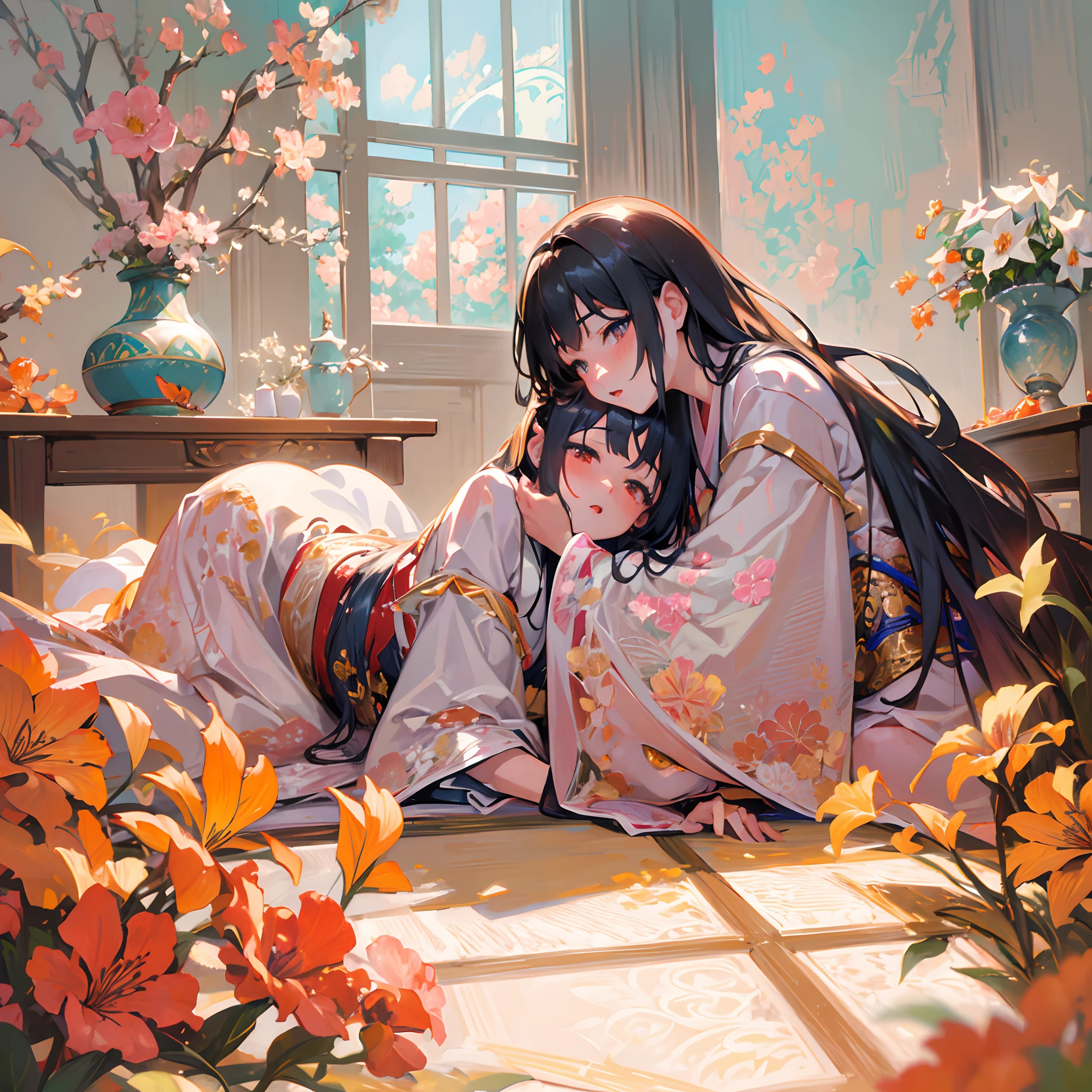 Japanimation, eroge, Incredibly hyper-detailed and intricately realistic, Perfect, Cover art, zoomout, hyper detailed painting, luminism, with an intricate, 4k resolution concept art portrait, extremely high level illustration, 16k, extremely high level illustration, absurd resolution, absurd detailed, f1.4/35mm, soft and warm lighting, (((masterpiece))), best quality, extremely detailed, fantasy lighting, beautiful detailed glow, perspective, depth of field, proportion, blurry background, bokeh, sharp focus, depth and dimension, Japanese scene, Japanese composition, Fantasy lighting, an extremely beautiful detailed Japanese room, Beautiful, beautiful detail girls, (yuri:1.2), (lesbian:1.2), (2 girls:1.2), (kiss: 1.2), (deep kiss:1.2) (hug: 1.2), full body character, Beautiful, Female, Long Black Hair, Black eyes, Detailed face, White skin, The girl is putting her weight on one leg, lily, Kimono, flower in hair, desk, chest, paper