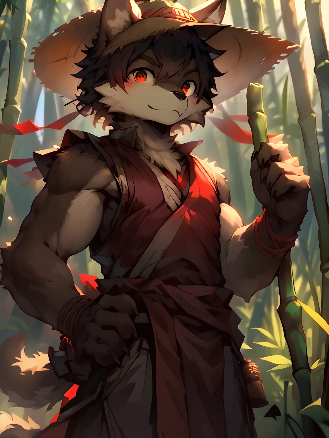 high saturation, masterpiece, best quality, extremely detailed, depth of field, kemono, male, anthro, solo, (brown:1.2) furry wolf, muscular, red cloth around waist, half-length portrait, bamboo forest, (bamboo) rain hat, (pointy:1.3) hat, (conical:1.2) hat, asian ancient sleeveless garment, (loose:1.2) clothes, black and red sleeveless garment, daylight, posing