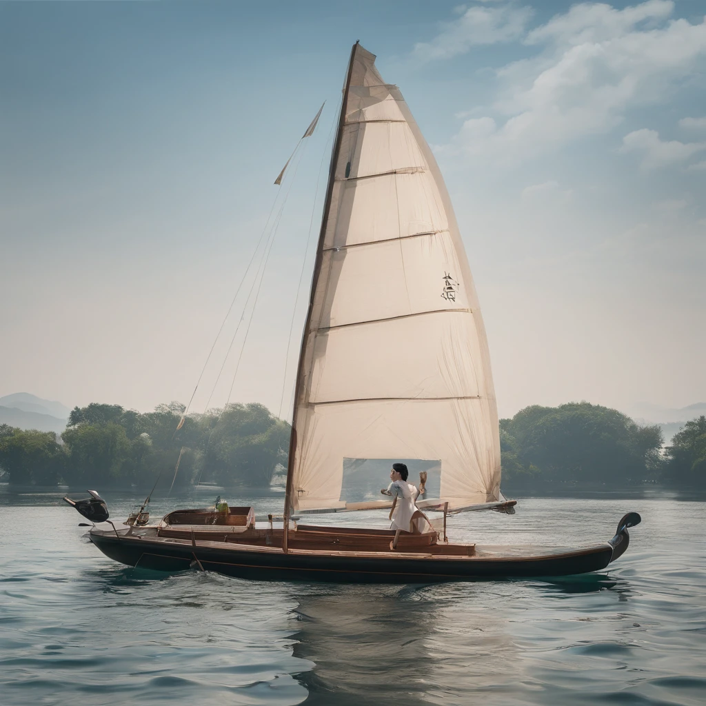 The sky is an endless expanse of azure and the water glistens in the sun. Boating on the West Lake in the warmth of the sun offers a brief respite from life, masterpiece, best quality