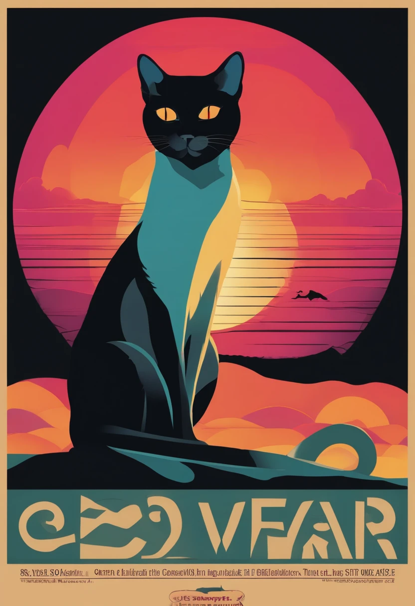 There is a black cat sitting in a circle with quotes, suggestive, The aesthetics of Surrealism, ( ( ( Synth Wave ) ) ), 8 0 Seconds Style Poster, aesthetic siamese cat, surrealistic, Cat silhouette, 1 9 8 0 s Poster Style, synthwave art style ]!!, Smayer Art Style, 80s poster