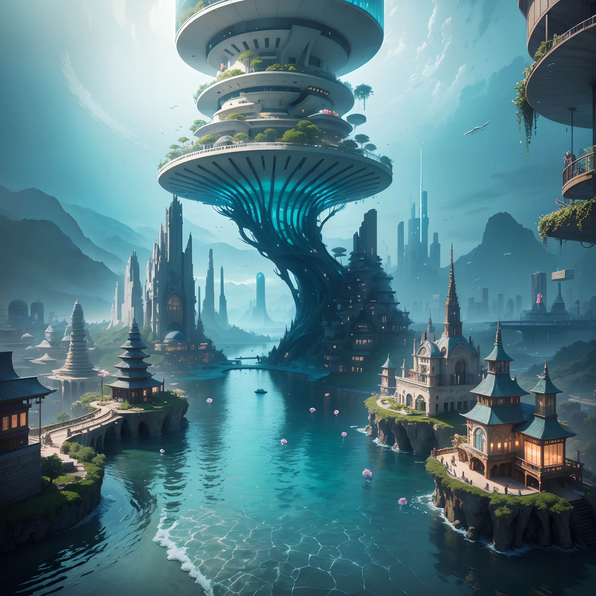 Science Fiction, Cities modern futuristic design large underwater city, futuristic underwater cityscape, a artificial waterfall and a pond with colorful flowers in the middle, nature meets underwater architecture, built inside ocean, realistic beehive architecture, organic underwater architecture, Reality very close to real nature, breathtaking render,city with underwater forest , advanced civilization technology,stunning architecture, luxury architecture, realistic fantasy render, by Zha Shibiao, epic and stunning, architectural visualization, epic architecture, concept art. 8 k --v6
