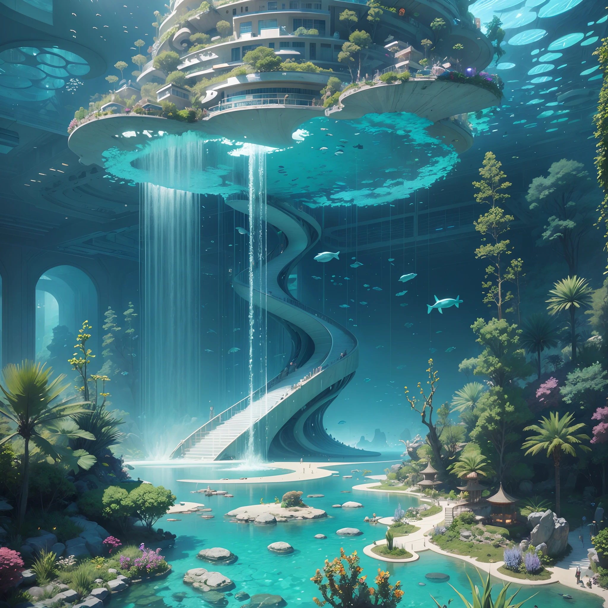 Science Fiction, Cities modern futuristic design large underwater city, futuristic underwater cityscape, a artificial waterfall and a pond with colorful flowers in the middle, nature meets underwater architecture, built inside ocean, realistic beehive architecture, organic underwater architecture, Reality very close to real nature, breathtaking render,city with underwater forest , advanced civilization technology,stunning architecture, luxury architecture, realistic fantasy render, by Zha Shibiao, epic and stunning, architectural visualization, epic architecture, concept art. 8 k --v6