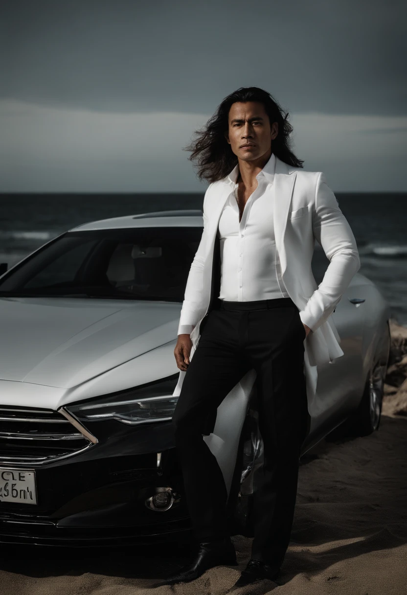 corps entier, wide-angle photo close-up portrait of the body of a Filipino handsome man , Grand et en forme, (40 ans:1.1), (shaven:1.2) , (long hair:1.5), black tight velvet suit, white shirt (posing by the beach with a luxury car:1.1), (Edge Light:1.1), (Concentrez-vous sur les yeux), (angry look), (hard light on the skin:1.2), (ombres dures, dark themed, Contraste profond:1.1), (photographie de portrait par Annie Liebovitz), Dark mint theme and choral aesthetics, (skin imperfections)