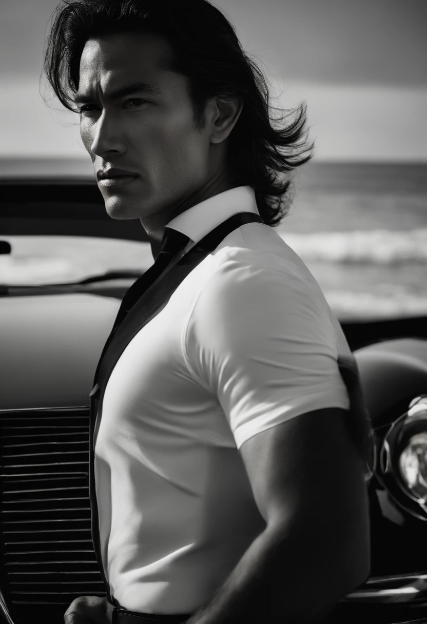 corps entier, wide-angle photo close-up portrait of the body of a Filipino handsome man , Grand et en forme, (40 ans:1.1), (shaven:1.2) , (long hair:1.5), black tight velvet suit, white shirt (posing by the beach with a luxury car:1.1), (Edge Light:1.1), (Concentrez-vous sur les yeux), (angry look), (hard light on the skin:1.2), (ombres dures, dark themed, Contraste profond:1.1), (photographie de portrait par Annie Liebovitz), Dark mint theme and choral aesthetics, (skin imperfections)
