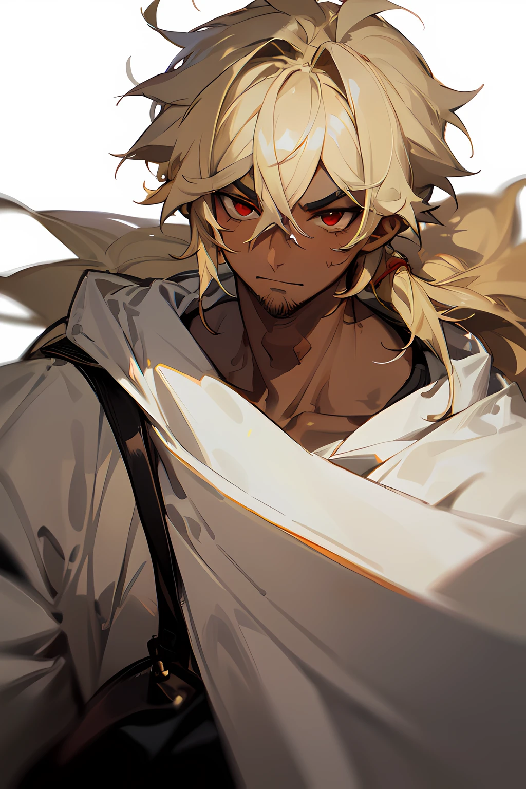 closeup, portrait, masterpiece BREAK 1boy, (dark-skin), messy hair, hair over shoulder, long hair, pale blonde hair, AND blonde eyebrows, (hair between eyes), (red eyes), (((sparse stubble))), (bags under eyes), BREAK white background