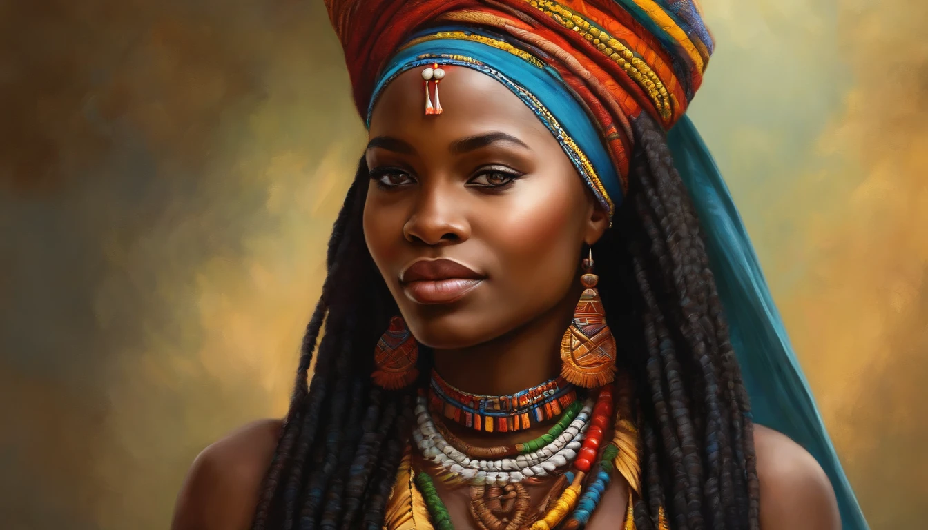 (african girl),colorful clothing,traditional headdress,beautiful braided hair,proud and confident expression,vibrant background,rich cultural symbols,medium:oil painting,detailed brushwork,realistic portrait,highres,vivid colors,natural lighting