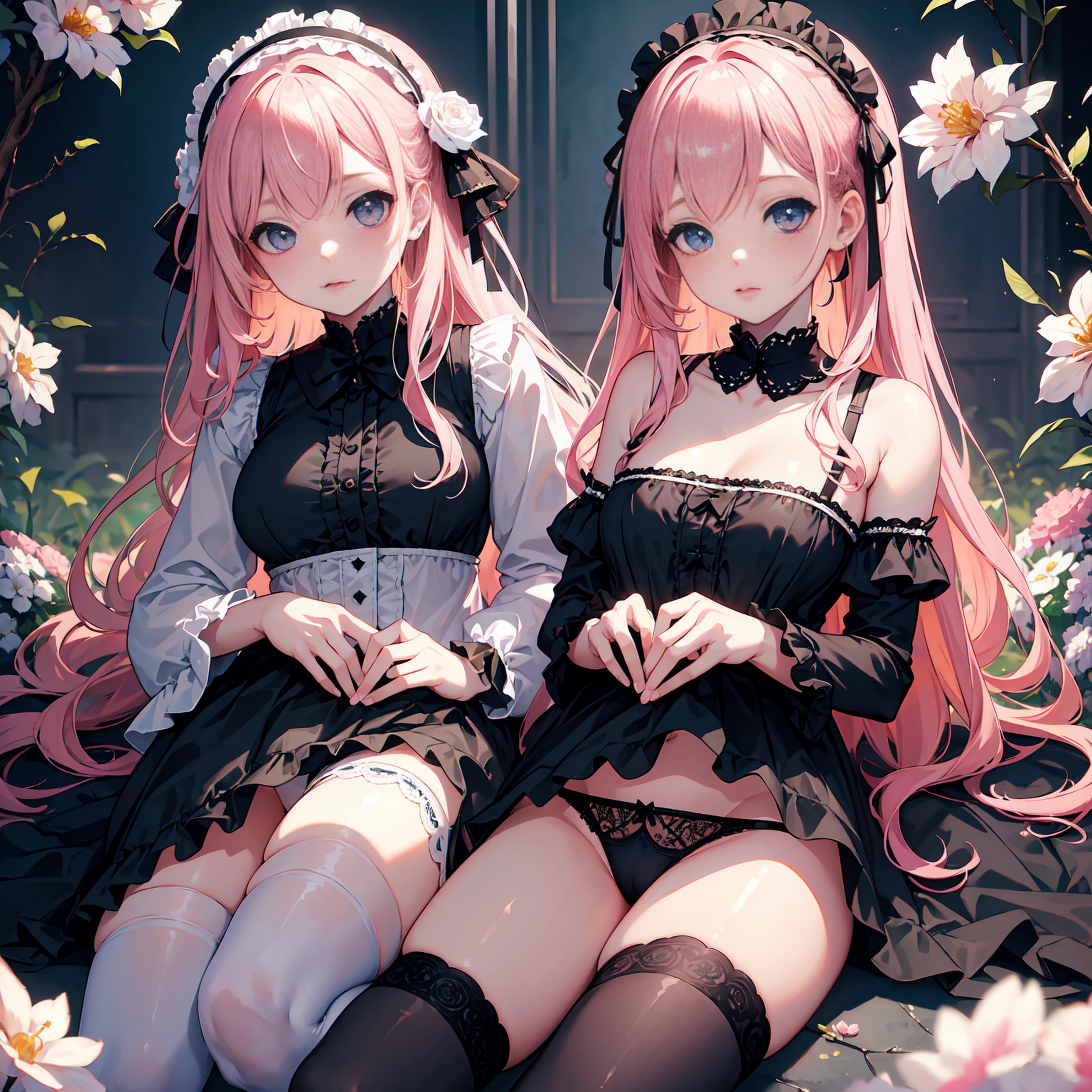 (best quality, 8k, masterpiece:1.2, nsfw ),Cutest,Cute girl,solo,mesugaki,Beautiful face,Beautiful eyes,Beautiful hair, Light pink hair,Lots of colorful flowers,Gothic ta in dark tones,Grey and white striped panty lace with ruffles,