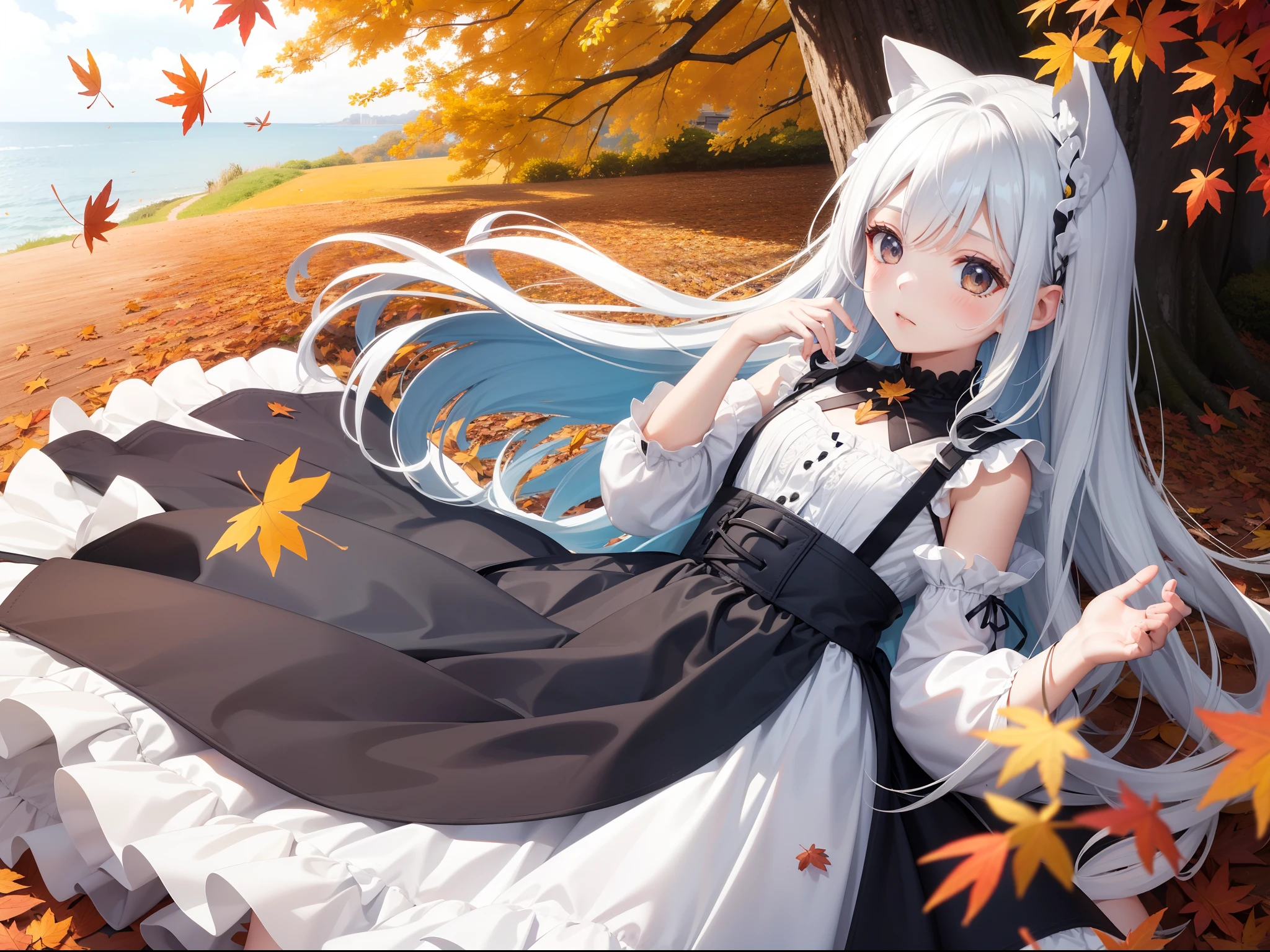 Pretty girl You can see the sea in the distance A park on a hill with autumn leaves Blue color long hair Black eyes Yellow and white dress Very Beautiful Girl Photo of falling leaves fluttering Face Highlights