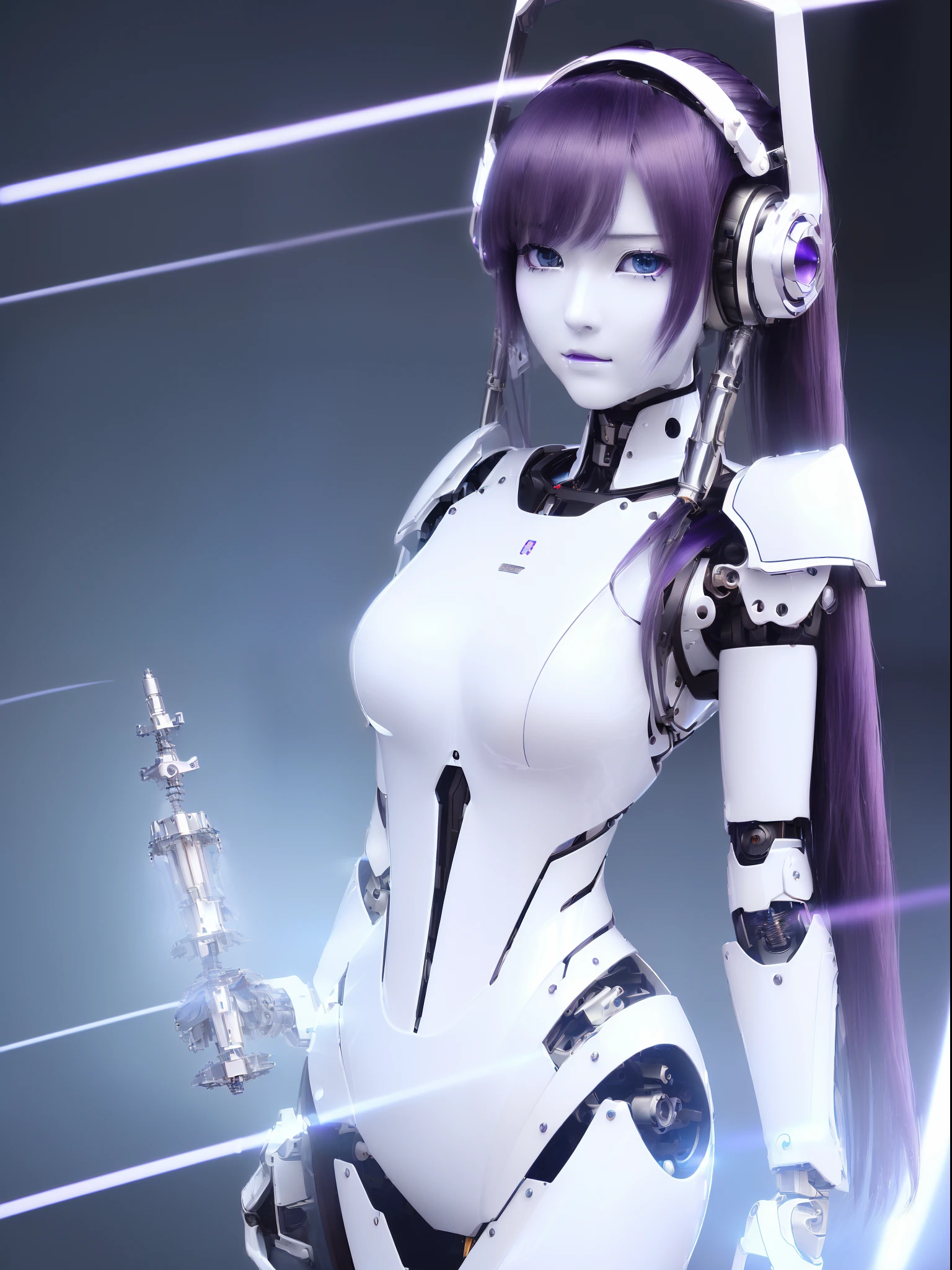 ((masutepiece)), ((top-quality), high quarity、ultra-definition, Realistic, fulcolor 、One beautiful robot woman、(Joints of machines)、(White porcelain mechanical armor)、((Curvaceous face))、deadpan、(Electronic substrate)、Purple straight hair、Wide Shot、Cylinder neck、Headgear of the machine