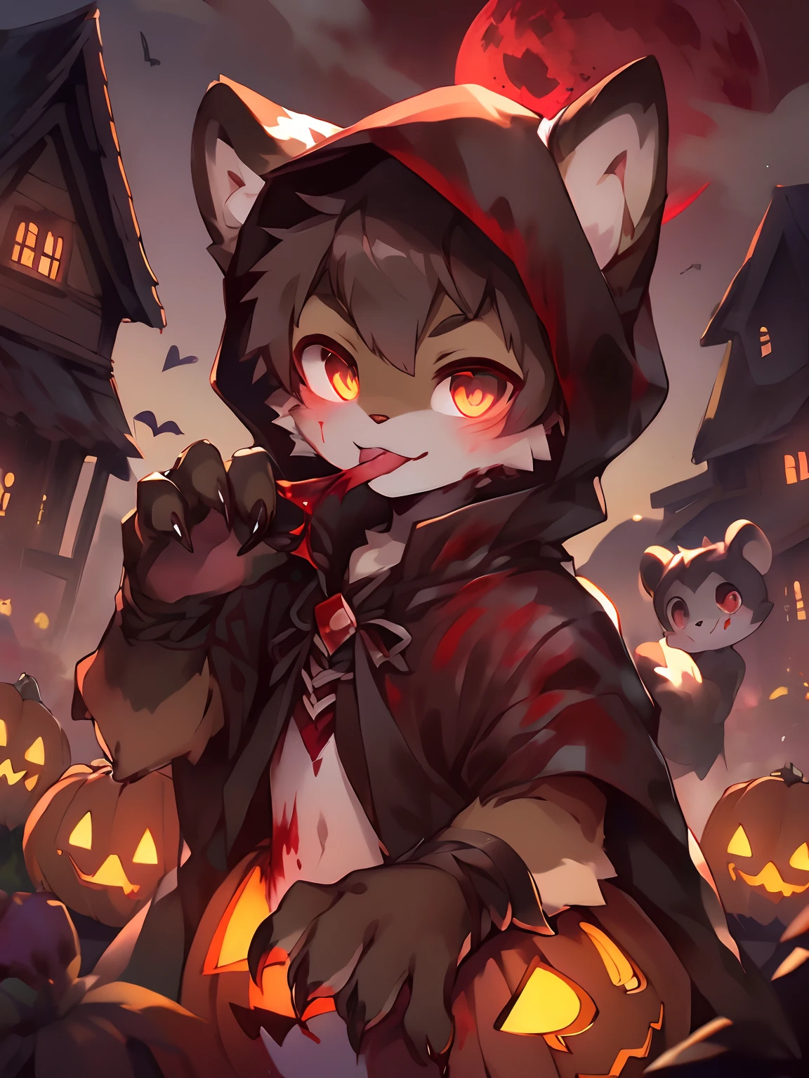 Masterpiece, Best quality, Bright eyes,, (Furry, coyote, Vampire costumes, Multicolored fur, Solo, Claws, Lick lip, blood in face, Halloween, Jack-o'-lantern, Night, Blood Moon,Masterpiece, Best quality, Bright eyes, , Furry, coyote, Vampire costumes, Multicolored fur, Solo, Claws, Lick lip, blood in face, Halloween, Jack-o'-lantern, Night, Blood Moon,(author:Puinki,By Artists:1.2),(author:Unreal Land,author:Sumi Kuroi,author:Milk Tiger 1145,author:Morkey,author:Emolga 1,Through the egg capsule:1.2)