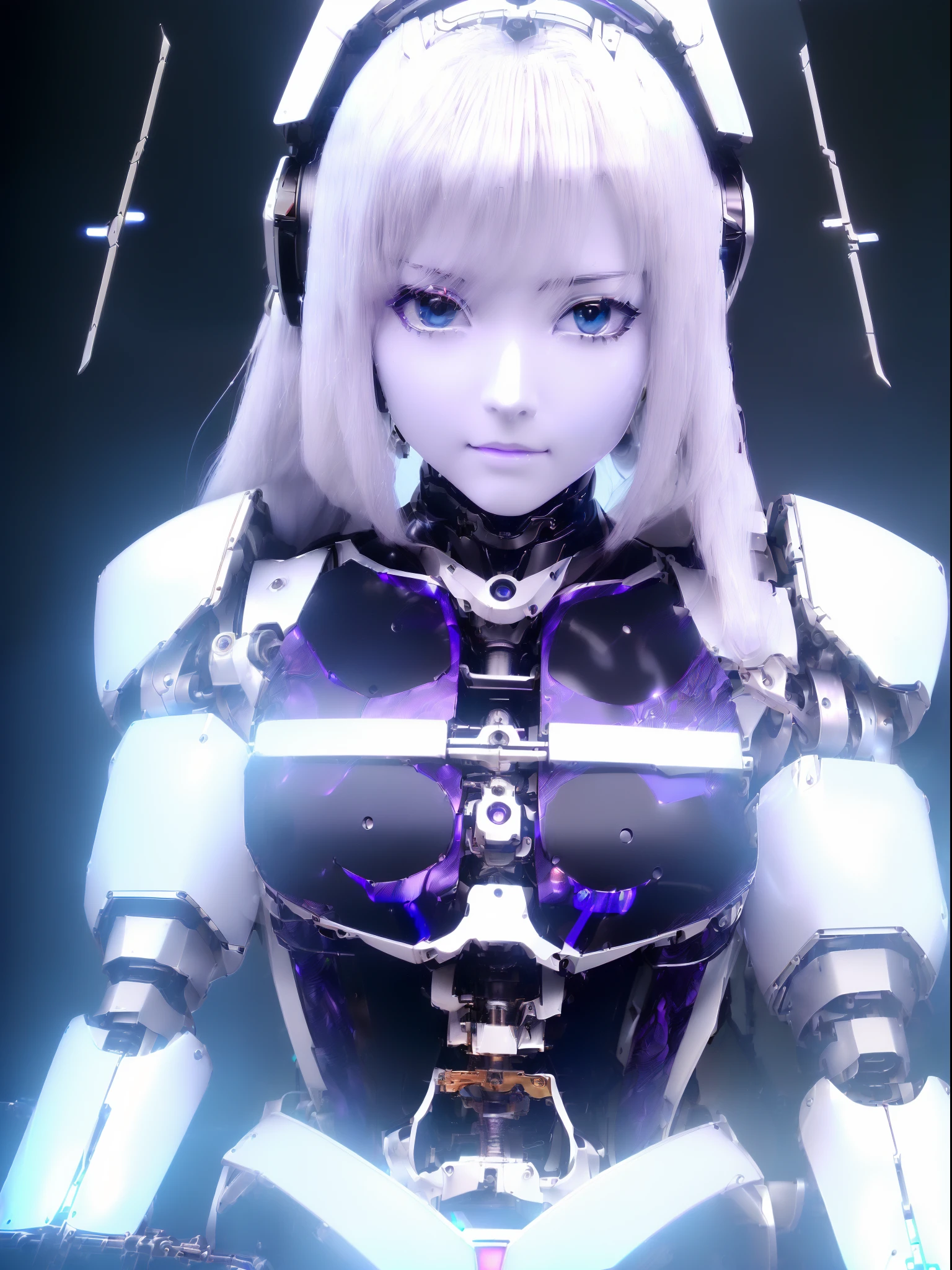 ((masutepiece)), ((top-quality), high quarity、ultra-definition, Realistic, fulcolor 、One beautiful robot woman、(Joints of machines)、Frame of the machine、Thick wire joints、(White porcelain mechanical armor)、((Curvaceous face))、deadpan、((Electronic substrate))、Purple straight hair、Wide Shot、Headgear of the machine