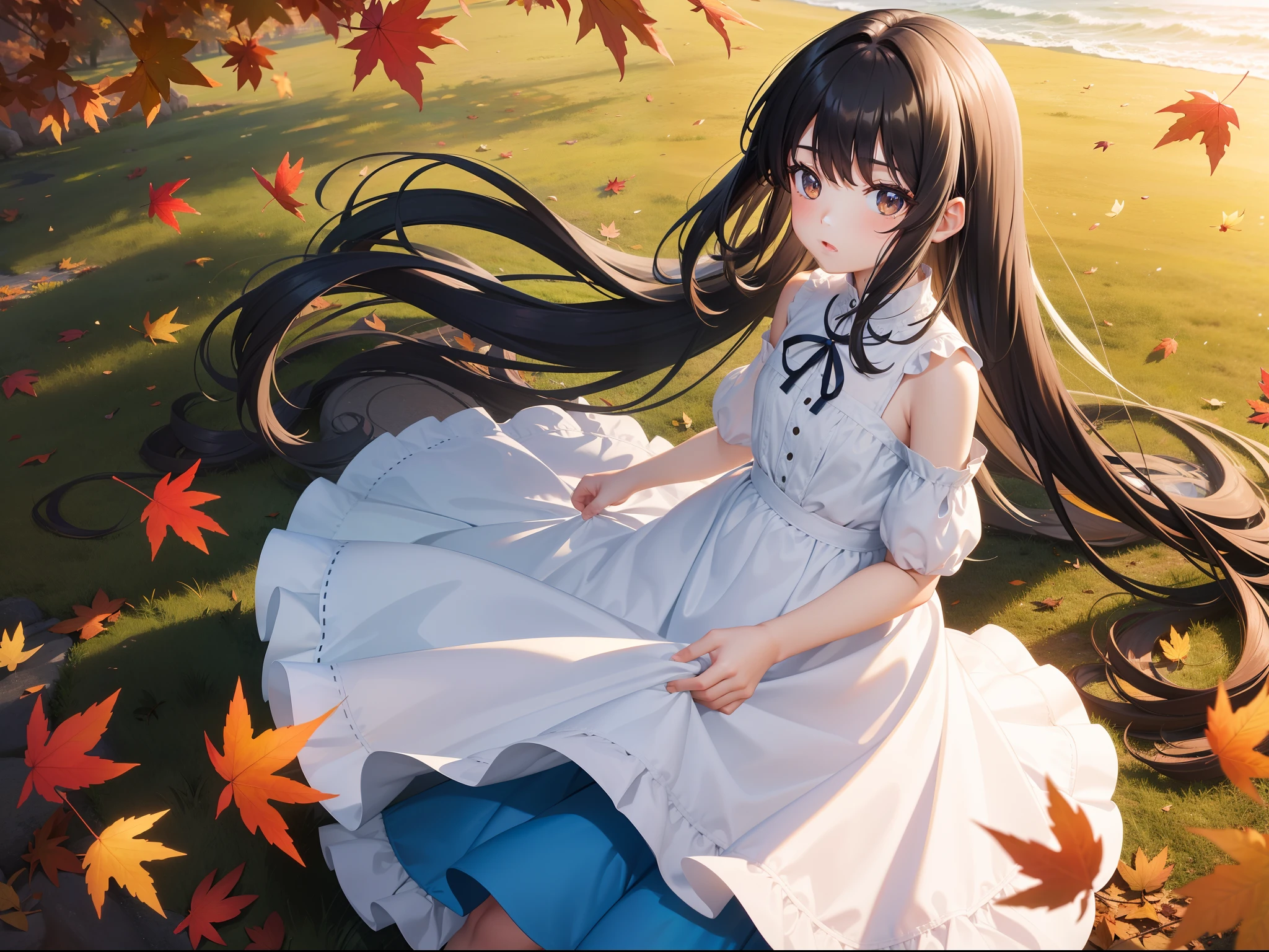 Pretty girl You can see the sea in the distance A park on a hill with autumn leaves Blue color long hair Black eyes Yellow and white dress Very Beautiful Little Girl Photo of falling leaves fluttering Face Highlights