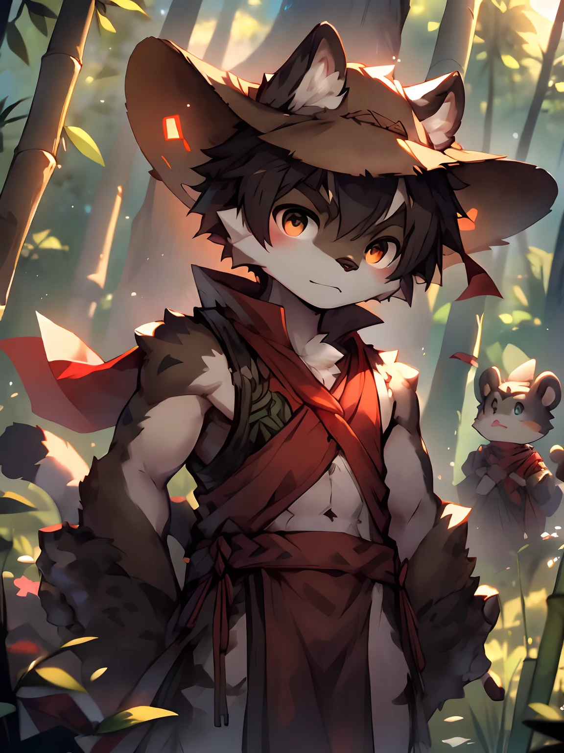 High saturation, Masterpiece, Best quality, Extremely detailed, Depth of field, komono, Male, anthro, Solo, (brown:1.2) furry wolf, Muscular, Red cloth around the waist, Half-length portrait, Bamboo forest, (Bamboo) Rain cap, (spiky:1.3) Hat, (Conical:1.2) Hat, Ancient Asian sleeveless clothing, (Loose:1.2) clothes, Black and red sleeveless clothing, Daylight, posing on a,(author:Puinki,By Artists:1.2),(author:Unreal Land,author:Sumi Kuroi,author:Milk Tiger 1145,author:Morkey,author:Emolga 1