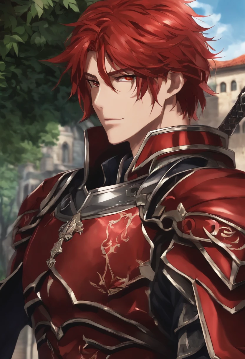 Anime guy with red hair and red armor with black thorns in front of a building,  homem bonito anime, personagem de anime masculino, com longos cabelos vermelhos , como um personagem de anime, no filme de anime, Estilo Kentaro Miura, em um anime, cara de anime alto com olhos azuis, Anime de hoje ainda em destaque, Ainda de anime de TV, jovem homem de anime