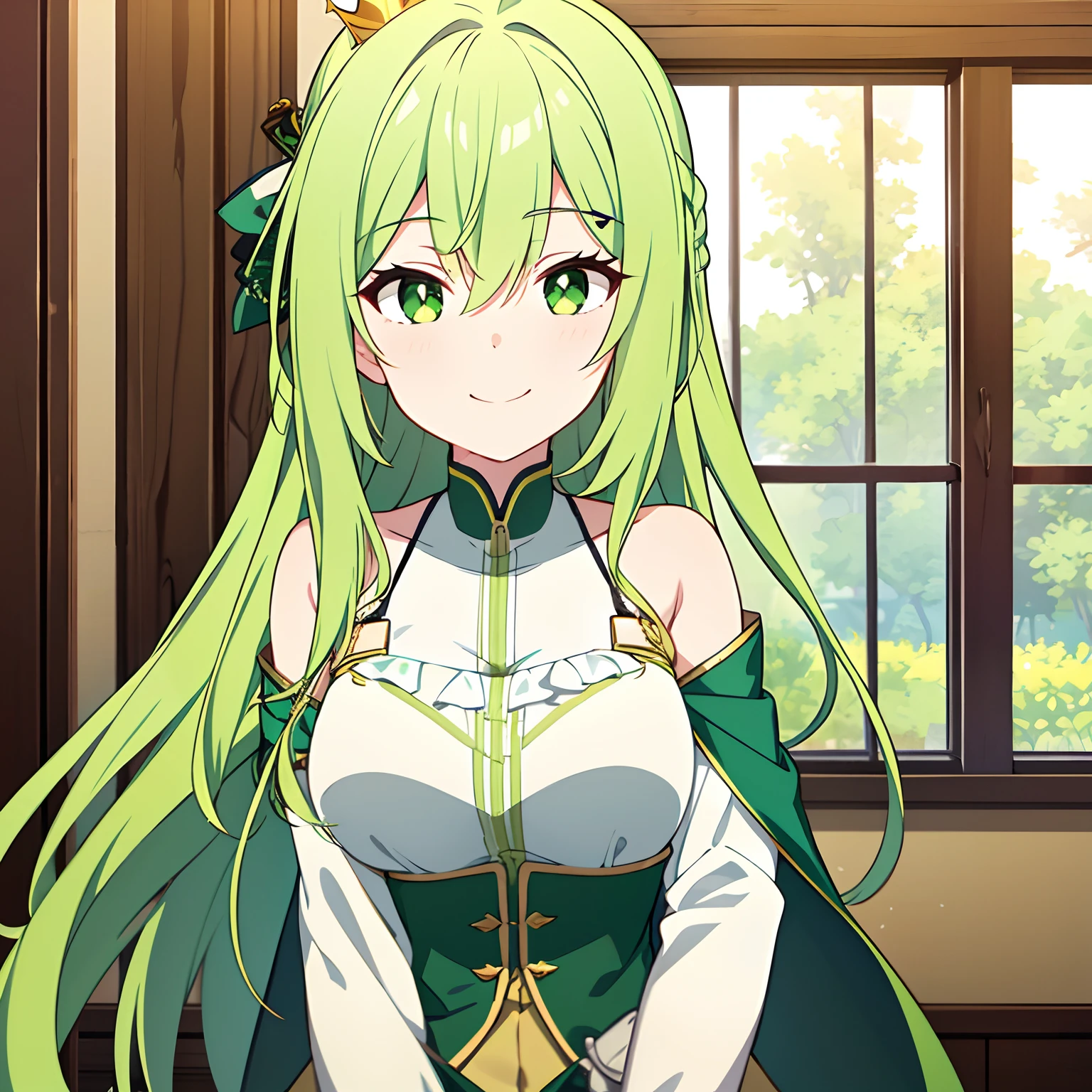 Long green hair，Girl with green eyes，With a smile，There is a crown on the head